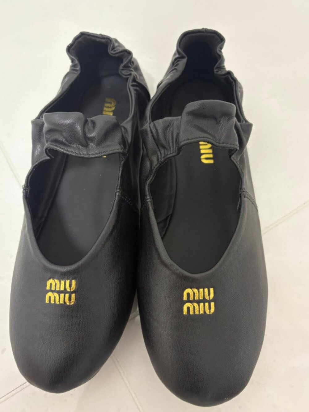 Miu Miu Black Leather Ruched Mary Jane Ballet Flats